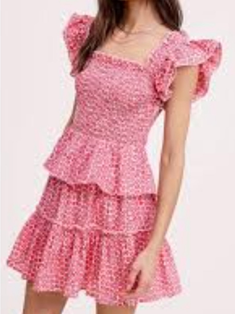 ULTRAMARINE Ruffled Pink Smocked Mini Dress with Flutter Sleeves